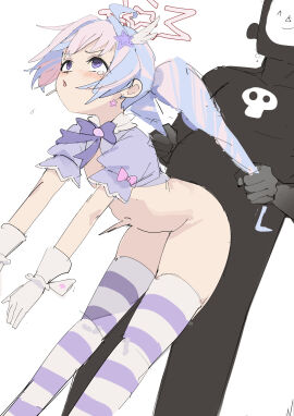 1boy absurdres blue_archive bow clothed_female_nude_male crying crying_with_eyes_open dangling_legs defeat doodle_sensei_(blue_archive) drill_hair female fucked_silly gloves grabbing_another's_hair halo hanging_legs highres holding_another's_hair implied_sex magical_girl male multicolored_hair mutsuru_(omotta_yori) nude open_mouth purple_bow purple_hair reisa_(blue_archive) reisa_(magical)_(blue_archive) rough_sex sensei_(blue_archive) sex sex_from_behind star_halo straight striped_clothes striped_thighhighs tears thighhighs twin_drills