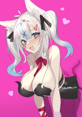 breasts bunnysuit cleavage female fox_ears fox_girl large_breasts meridian_project mizuki_(vtuber) pink_background rabbit_hole_(vocaloid) ribbon sagging_breasts shoulder_length_hair shoulders strap_gap stuck stuck_in_wall twintails virtual_youtuber weyas_kayur white_hair
