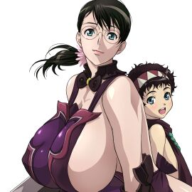 1boy 1girls bangs bare_shoulders black_hair blue_eyes breasts breasts_bigger_than_head bursting_breasts cattleya color female female_focus glasses hair_ornament hair_tie hairband hi_res high_resolution highres huge_breasts kaneko_hiraku looking_at_viewer low_ponytail male mature mature_female medium_hair milf mother mother_and_son nipple_bulge official_art open_mouth ponytail queen's_blade rana short_hair sideboob skimpy skimpy_clothes sleeveless smile smiling smiling_at_viewer son upper_body white_background