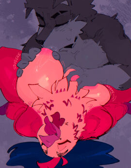 anthro areola avian beak big_breasts biped bird breast_grab breast_play breast_suck breasts canid canine canis closed_eyes domestic_dog duo eyebrows female fingers fur glistening glistening_breasts goon_(goonie_san) goonie-san grey_body grey_fur hand_on_breast looking_pleasured lying male male/female mammal nipple_fetish nipple_play nipple_suck nipples nude nude_anthro nude_female nude_male on_back red_body simple_background sucking tongue tongue_out