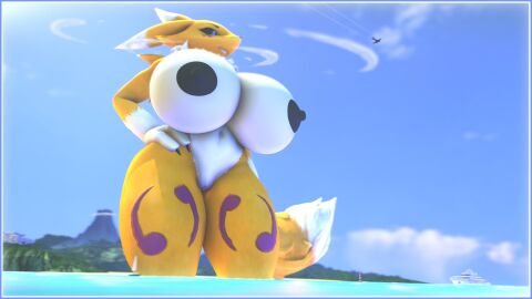 anthro areola bandai_namco big_breasts blue_eyes breasts canid canine digimon digimon_(species) female fox genitals giantess hi_res huge_breasts hyper hyper_breasts macro nipples not_person420 nude pussy renamon sea solo tail thick_thighs water