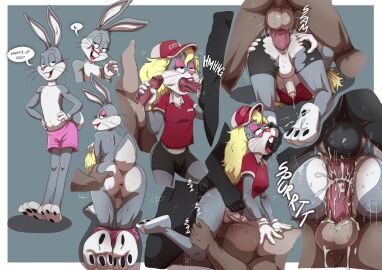 absurd_res ambiguous_species anal anal_orgasm anal_sex anthro anthro_on_anthro anthro_penetrated anthro_penetrating anthro_penetrating_anthro ass backsack balls balls_size_difference ballsack becky_(bugs_bunny) becky_(the_looney_tunes_show) big_balls big_penis black_body black_bottomwear black_clothing black_fur black_shorts blonde_hair blowjob_gesture bodily_fluids border bottomwear buckteeth bugs_bunny bulge clothed clothing cowgirl_position crossdressing cum cum_from_ass cum_in_ass cum_inside cum_on_balls cum_on_penis cum_splatter dialogue double_anal double_penetration drooling ejaculation english_text erection eye_roll eyeshadow faceless_anthro faceless_character faceless_male fellatio female femboy finger_in_mouth from_behind_position from_front_position fur genital_fluids genitals glans grey_background grey_body grey_fur group group_sex hair handjob hands-free hat headgear headwear hi_res hip_grab humanoid_genitalia humanoid_penis lagomorph leporid lipstick looney_tunes makeup male male/male male_penetrated male_penetrating male_penetrating_male mammal on_bottom on_top onomatopoeia open_mouth oral penetration penile penis penis_size_difference perineum pink_bottomwear pink_clothing pink_eyeshadow pink_glans pink_nose pink_penis pink_shorts rabbit red_clothing red_hat red_headwear red_shirt red_topwear saliva saliva_string sex shirt shorts simple_background smile sound_effects speech_bubble spread_ass spread_butt spreading teastuff teeth text the_looney_tunes_show threesome thrusting topwear torn_bottomwear torn_clothing torn_shorts trio vein veiny_penis warner_brothers whiskers white_balls white_body white_border white_clothing white_fur white_hat white_headwear white_inner_ear white_perineum wig