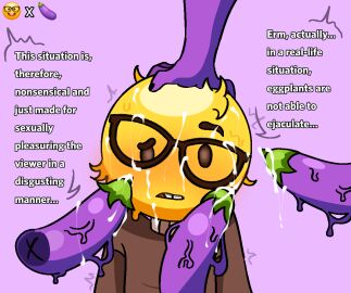 1boy after_blowjob basic_background basic_shading blush blushing_at_viewer blushing_male brown_eyes brown_sweater buckteeth cum cum_on_face cum_on_glasses cumshot eggplant eggplant_emoji emoji emoji_(race) erm_actually gay glasses glasses_askew glasses_on_face glasses_on_male hand_on_head localpuffpuff male nerd nerd_emoji nerdy nerdy_male self_upload sweater text twink uninterested uninterested_male