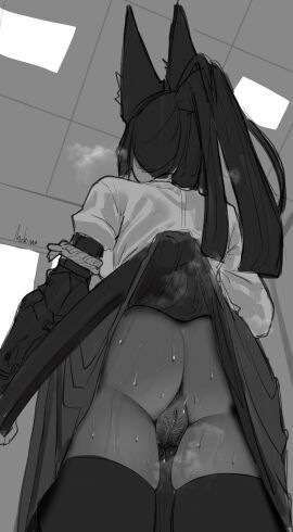 1girls absolute_territory accidental_exposure animal_ears anus ass asshole below_view black_and_white black_hair bush bushy_pubes english_text female female_only female_pubic_hair fox_ears fox_girl hairy_pussy hoshimi_miyabi hoyoverse labia long_hair metal_arm mihoyo mokimolewds monochrome musk musk_clouds musky_butt musky_pussy no_panties prosthetic prosthetic_arm prosthetic_limb pubes pubic_hair pussy robotic_arm skirt skirt_lift skirt_up solo sweat sweaty_ass sweaty_butt sweaty_legs sweaty_pussy sweaty_thighs sword_sheath text thigh_highs thighhighs thighs under_skirt under_skirt_view upskirt vagina zenless_zone_zero
