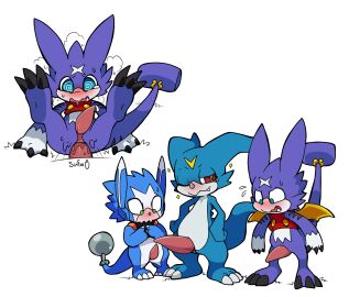 absurd_res anal anal_sex appmon_(species) aroused bandai_namco blue_body blue_eyes blush bodily_fluids cel_shading claws clothing crop_top digimon digimon_(species) dokamon dragon erection fangs genital_fluids genitals green_eyes group gumdramon hi_res male male/male markings mythological_creature mythological_scalie mythology penetration penis penis_slit precum purple_body red_eyes scalie sex shaded shirt simple_background sinfrou spiral_eyes spread_legs spreading tail teeth topwear trio tusks veemon white_background white_markings wings