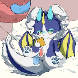 bed blue_body blue_wings caluo dragon duo furniture genitals kemono male male/male mythological_creature mythological_scalie mythology penis scalie wings yellow_wings