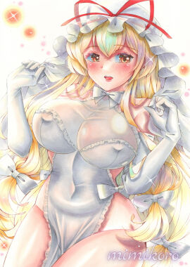 1girls blonde_hair blush bow breasts bride brown_eyes clothed dress female female_focus gloves hat large_breasts light-skinned_female light_skin long_hair mimikoro mob_cap navel navel_visible_through_clothes nipple_bulge open_mouth simple_background solo solo_focus thighs touhou veil watermark wedding wedding_dress wedding_veil yakumo_yukari yukari_yakumo