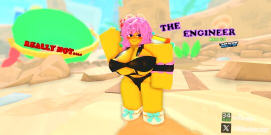 1girls 3d 3d_(artwork) 3d_model background beach beach_engineer belly big_breasts bikini bikini_bottom bikini_top blush breasts engineer_(tds) female glasses glasses_on_head ktiiejiju_(artist) nipples orange_body pink_hair pose roblox roblox_game robloxian self_upload shoes tagme tower_defense_simulator watermark