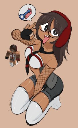 1girls 2025 black_eyes blowjob_face blowjob_gesture breasts brown_hair clothed clothed_female clothing colored_sketch denim_shorts eyebrows eyebrows_visible_through_hair female female_only fingerless_gloves fishnet_armwear fishnets glasses gloves headphones long_hair looking_at_viewer medium_breasts on_knees open_mouth original_character penismaster48 plain_background raffle_prize red_headphones reference_image roblox roblox_avatar robloxian saliva saliva_string shorts simple_background sketch smile solid_color_background solo solo_female speech_bubble tan-skinned_female tan_skin teeth thighhighs thighs tie tounge tounge_out tubetop white_thighhighs