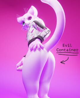 3d_(artwork) absurd_res anthro arrow_pointing_to_butt ass barely_visible_genitalia barely_visible_penis blender_cycles bottomless cheek_tuft claws clothed clothing digital_media_(artwork) directional_arrow domestic_cat evil_container facial_tuft felid feline felis felura fur genitals hand_on_butt heterochromia hi_res hoodie hoodie_only humanoid_genitalia humanoid_penis looking_at_viewer looking_back looking_down luramoth male mammal markings mayu_(azuki) nonbinary_(lore) penis pink_background pink_body pink_fur pink_penis raised_tail simple_background smile solo tail tail_markings text topwear topwear_only tuft whiskers