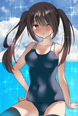 2d 2d_(artwork) black_hair blush breasts date_a_live female heterochromia light-skinned_female light_skin long_hair red_eyes solo solo_female swimsuit swimwear thighs tokisaki_kurumi twintails wink