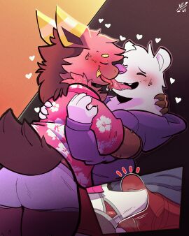 2024 4:5 4_fingers abstract_background absurd_res aloha_shirt anthro arthropod ass barely_visible_genitalia barely_visible_penis bear biped blush bodily_fluids boxer_briefs brown_body brown_fur bulge bulge_frottage claws closed_eyes clothed clothing colored cutaway digital_drawing_(artwork) digital_media_(artwork) dripping duo erection erection_under_bottomwear erection_under_clothing finger_claws fingers french_kissing frottage fur genitals heart_symbol hi_res hoodie hug hugging_another insects interspecies kissing lepidopteran male male/male mammal moth multicolored_body partially_clothed pattern_clothing pattern_shirt pattern_topwear penile penis pink_body pink_fur saliva saliva_drip sex shaded shirt signature simple_background standing sweat tail teeth tenting tongue tongue_out topwear two-tone_body underwear white_body white_fur yellowluster