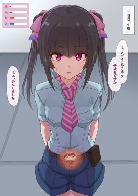 absurdres averting_eyes belt black_hair blush bow cervix change_in_common_sense commentary_request cross_section cum cum_filled cum_in_pussy diagonal-striped_clothes diagonal-striped_necktie dot_nose female fertilization grey_shirt hairbow highres holding_cum impregnation long_hair necktie ovum paid_reward_available pink_bow pink_eyes pink_necktie popopon26494249 purple_shorts raised_inner_eyebrows s.o.n.g._uniform senki_zesshou_symphogear shirt shorts solo speech_bubble sperm_cell striped_clothes sweatdrop translation_request tsukuyomi_shirabe twintails uterus x-ray