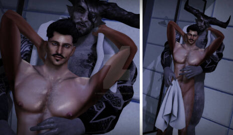 2boys abs anthro arms_around_head bald bara beard biceps black_hair blue_eyes canon_couple chest_hair couple dark-skinned_male dark_hair dark_skin dorian_pavus dorianpavussl dragon_age dragon_age_inquisition duo eyepatch eyewear facial_hair gay gay_male grey_body grey_skin holding_partner horns human iron_bull looking_at_viewer mage male male/male male_only moustache muscles muscular muscular_male naked naked_male nipples no_visible_genitalia nude nude_male pansexual_male pecs pointy_ears qunari shower size_difference standing standing_position tattoo_on_arm tattooed_arm tattoos towel video_games yaoi