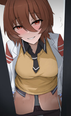 absurdres agnes_tachyon_(umamusume) alternate_breast_size_(larger) animal_ears black_necktie black_pantyhose black_shirt blush breasts clothes_pull coat female grin hair_between_eyes highres horse_ears horse_girl lab_coat large_breasts looking_at_viewer namikare necktie open_clothes open_coat pantyhose pantyhose_pull pussy pussy_juice shirt short_hair smile solo sweater umamusume yellow_sweater