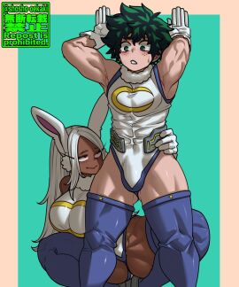 ambush_(trap) bedroom_eyes big_breasts breasts bulge bunny_girl crossdressing female femboy hand_on_hip hero_outfit_(mha) izuku_midoriya leotard male midoriya_izuku miruko miruko_(cosplay) my_hero_academia rumi_usagiyama shosho_oekaki stockings worried_expression