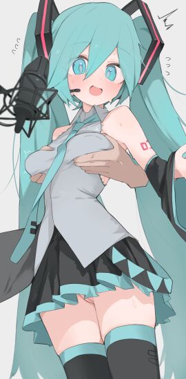 1boy :d absurdres aqua_eyes aqua_hair bare_shoulders black_thighhighs blush breasts commentary cowboy_shot female grabbing_another's_breast grabbing_from_behind grey_background groping hatsune_miku highres long_hair looking_at_viewer male medium_breasts mikozin no_panties open_mouth pussy simple_background skindentation smile solo_focus surprised thighhighs thighs twintails vocaloid zettai_ryouiki