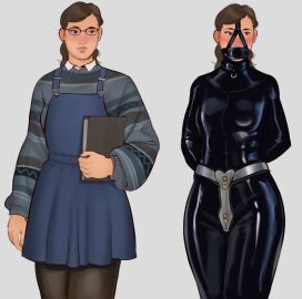 1girls armbinder bondage brown_hair chastity chastity_belt chastity_device female female_chastity female_only femsub fully_clothed gag glasses horny horny_female latex_bondage latex_catsuit nerd nerdy nerdy_female orgasm_denial overall_skirt panel_gag pantyhose shiny_clothes the_velvet_mist thesmuttyrogue tight_clothing zoe_brumfield