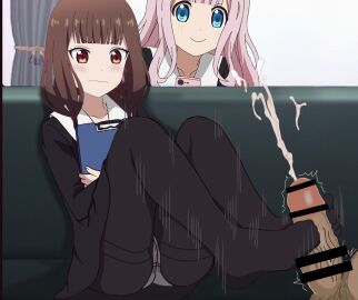 1boy 2girls ass bangs bar_censor black_legwear blue_eyes blush brown_eyes brown_hair cellphone censored closed_mouth clothed collarbone couch cum devilvektor2 ejaculation embarrassed erection eyebrows eyebrows_visible_through_hair eyelashes feet female female_focus foot_focus footjob footwear fujiwara_chika iino_miko kaguya-sama_wa_kokurasetai_~tensai-tachi_no_renai_zunousen~ legs legs_up legwear light-skinned_female light_skin long_hair looking_at_another male movement_lines open_eyes panties panties_under_pantyhose pantyhose pantyshot penis phone pink_hair pubic_hair skirt_up thick_thighs thighs tied_hair toes unseen_male_face veiny_penis watching wavy_mouth