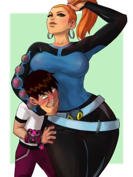 1boy 1girls ass aunt aunt_and_nephew ben_10 ben_10_(classic) big_ass big_breasts blushing breasts brown_hair brunette cartoon_network chaquetrix clothed cousins earrings exmixtron female fully_clothed future_gwen future_gwen_(ken_10) ginger ginger_hair green_eyes gwen_tennyson ken_tennyson large_ass large_breasts male mature mature_female milf nipples_bulge orange_hair red_hair redhead thick_thighs wide_hips