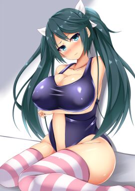 aqua_hair ass big_ass big_breasts blue_eyes breasts cleavage collarbone competition_swimsuit covered_erect_nipples covering_crotch embarrassed erect_nipples female isuzu_(kantai_collection) kantai_collection knees_together_feet_apart looking_at_viewer multicolored_socks nipples one-piece_swimsuit pink_and_white puffy_nipples swimsuit thick_thighs thighhighs twintails very_long_hair white_bow wide_hips yahiro_(anhnw)