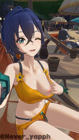 1boy 1girls 3d 3d_(artwork) alternate_costume beach belle_(summer_skies)_(zenless_zone_zero) belle_(zenless_zone_zero) blue_hair breasts brother_and_sister bucket_hat collarbone dark_blue_hair female green_eyes hair_between_eyes highres light-skinned_female light-skinned_male light_skin male medium_breasts navel never_yapph nipple_peek official_alternate_costume one_breast_out one_eye_closed open_mouth peeking_nipple selfie short_hair shorts sitting sleeping swimwear twintails twitter_username wink wise_(peaceful_waves)_(zenless_zone_zero) wise_(zenless_zone_zero) zenless_zone_zero