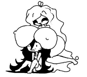 1boy 1girls black_and_white breast_squish breasts breasts_on_back female femboy femboy_on_female glomp hammond_humpkins hug_from_behind huge_breasts long_hair male monochrome pixie puffy_nipples px-12 shocked slime slime_girl surprise_hug surprised the_absolute thighs
