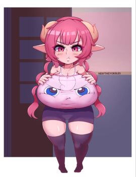 1girls artist_name breasts dragon_girl dragon_horns female gigantic_breasts highres horns huge_breasts ilulu_(dragon_maid) ilulu_(maidragon) jigglypuff kobayashi-san_chi_no_maidragon large_breasts miss_kobayashi's_dragon_maid nerftheyordles pink_hair pokemon pokemon_(species) shortstack twintails twitter_username yellow_horns