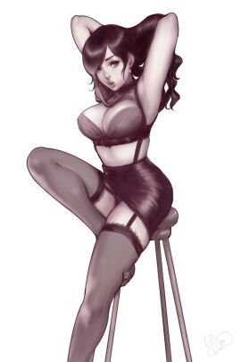 1girls artist_signature big_breasts black_hair bluejasmin bra breasts female female_only final_fantasy final_fantasy_vii footwear front_view garter_belt garter_straps hands_behind_head jasmin_darnell large_breasts lifting_hair long_hair looking_at_viewer panties panties_peek short_skirt sitting sitting_on_chair skirt stockings thighhighs tifa_lockhart