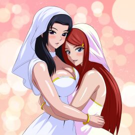 2girls bare_arms bare_shoulders big_breasts black_eyes blue_eyes blue_hair blush bracelets breasts bride busty cleavage clothed clothing cuddle cuddling duo duo_focus embrace embracing_another embracing_each_other female female/female female_focus female_only fully_clothed hairclip height_difference hi_res high_resolution highres jewelry kushina_uzumaki large_breasts light-skinned_female light_skin looking_at_viewer mature mature_female milf naruto naruto_(series) naruto_shippuden open_mouth pale-skinned_female pale_skin red_hair shounen_jump shueisha uchiha_mikoto uzumaki_kushina very_high_resolution wedding_attire wedding_dress wedding_veil weekly_shonen_jump yeezusdraw yuri