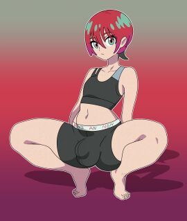 alfwenx amate_yuzuriha bulge commissioner_upload femboy femboy_only gradient_background gundam gundam_gquuuuuux hung_femboy hung_trap male male_only red_hair rule63 rule_63 spats squatting tagme teal_eyes trap