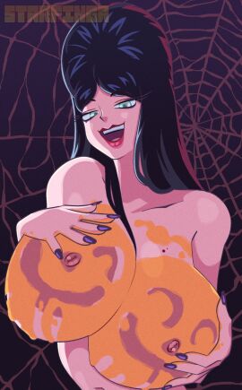 1girls 2025 beehive_hairdo big_breasts black_hair blue_eyes bodypaint breasts elvira elvira:_mistress_of_the_dark female female_only halloween huge_breasts long_fingernails nipples painted_breasts painted_fingernails painted_nails pumpkin_boobs purple_background red_lips red_lipstick spiderweb starfinga topless