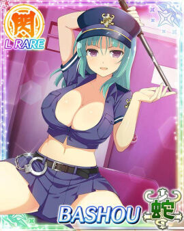 1girls bashou_(senran_kagura) baton blue_crop_top blue_skirt breasts crop_top female green_hair handcuffs hat holding_baton large_breasts long_hair looking_at_viewer maxdxd midriff navel police police_uniform policewoman purple_eyes senran_kagura skirt