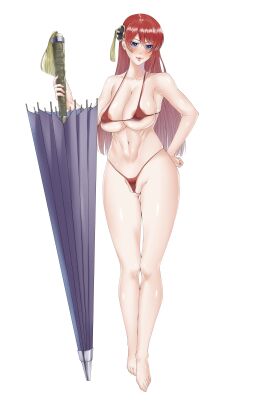 aged_up areola_slip barefoot between_labia big_breasts bikini blue_eyes blush breasts bun_cover cleavage feet female female_only full_body gintama gintama:_be_forever_yorozuya hair_ornament hand_on_hip hanpukuhiyoko kagura_(gintama) light-skinned_female light_skin long_hair looking_at_viewer micro_bikini nipple_bulge orange-haired_female orange_hair pale-skinned_female pale_skin plump_labia red_bikini red_hair shiny_skin smile solo standing swimsuit umbrella underboob wedgie