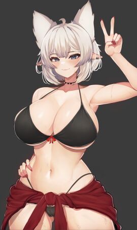 absurd_res ahoge animal_ears arm_up armpits bikini black_bikini black_bra black_choker blush borrowed_character breasts cameltoe choker cleft_of_venus closed_mouth cowboy_shot ear_piercing female female_pubic_hair glasses grey_background grey_hair hand_on_own_hip hi_res high_resolution highres large_breasts lorel_(aurwoora) multi_ear nail_polish navel nipples original panties piercing pointy_ears pubic_hair pubic_hair_peek pussy red_nails round_eyewear short_hair simple_background smile solo spiked_choker spikes standing sweater_around_waist swimsuit tagme thong thong_bikini thong_panties topless underwear v varniskarnis white_hair
