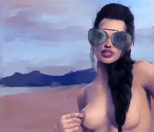 beach black_hair breast_grab breasts breasts_out female glasses latina mexican mexican_female nipples original topless