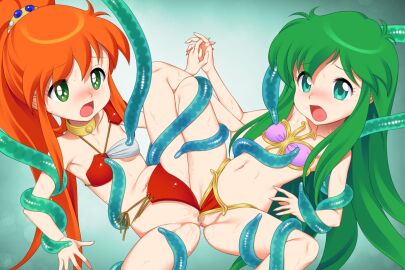2girls armor ayanokouji_rem bikini bikini_armor bikini_bottom_aside bikini_pull blush breasts caron_(rall) clothes_pull clothing_aside commentary_request commission commissioner_upload crossover dream_hunter_rem female fugetsu_taku green_eyes green_hair holding_hands long_hair multicolored_bikini multiple_females multiple_girls navel open_mouth orange_hair pink_bikini ponytail pussy pussy_sandwich red_bikini restrained sf_choujigen_densetsu_rall skeb_commission small_breasts spread_legs swimsuit tentacle thighs trait_connection two-tone_bikini very_long_hair