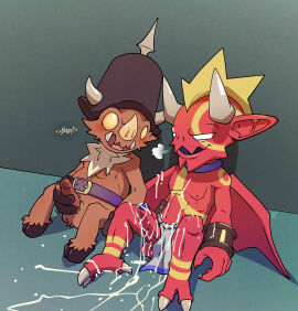 abs after_orgasm argon_vile armor balls belly belt blonde_hair bodily_fluids bottomwear breath breath_poof brown_body brown_fur chest_tuft clothing clothing_aside cum cum_on_ground demon digital_art digital_drawing digital_drawing_(artwork) digital_media digital_media_(artwork) digital_painting_(artwork) disgaea dripping duo erection excessive_cum excessive_genital_fluids foreskin fur gay genital_fluids genitals group_masturbation hair headgear helmet hi_res high_resolution highres hooves horn imp_(disgaea) impressed loincloth looking_at_genitalia looking_at_penis male male/male mammal masturbation nipples nippon_ichi_software orc_(disgaea) panting pecs penis reclining red_body sitting slightly_chubby spread_legs spreading stare suina tuft tusks uncircumcised underwear underwear_aside wings wings_belt yaoi