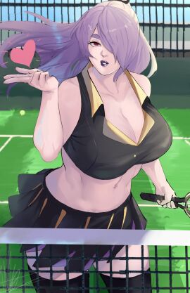 1girls alternate_costume blowing_kiss breasts camilla_(fire_emblem) cleavage female fire_emblem fire_emblem_fates hair_over_one_eye heart-shaped_pupils large_breasts light-skinned_female light_skin long_hair nintendo purple_hair puzzled_artist skirt solo tennis tennis_court tennis_racket tennis_uniform thighhighs