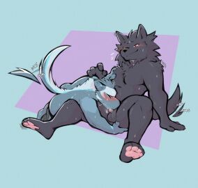 anthro balls black_body black_fur blush bodily_fluids canid canine canis duo fellatio fur genitals happy happy_sex hi_res i_think_i_like_you leon_(i_think_i_like_you) male male/male mammal oral pawpads paws penile penis pink_pawpads red_eyes sex simple_background sitting smile sweat tail tail_motion tailwag tohfu wolf