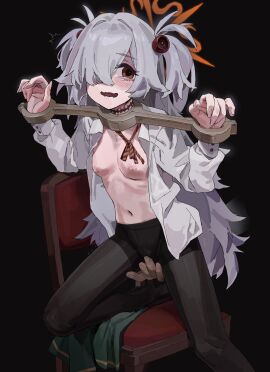 1girls 1other a_tea ambiguous_gender black_background black_pantyhose blue_archive blush bow bowtie breasts brown_eyes chair clitoral_stimulation clitoris collared_shirt female fingering fingering_through_clothes fingering_through_clothing grey_hair hair_over_one_eye halo highres kanoe_(blue_archive) long_hair looking_to_the_side navel nipples on_chair open_mouth over_clothes pantyhose pillory pussy red_bow red_bowtie restrained shirt skinde small_breasts solo stimulation stomach through_clothes twintails unbuttoned unbuttoned_shirt very_long_hair white_shirt wild_hunt_academy_of_arts