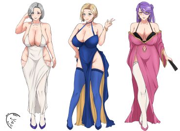 3girls absurd_res blonde_hair blue_clothing blue_dress blue_legwear blue_thighhighs breasts cleavage clothed clothing dress earrings female female_only grey_hair hi_res huge_breasts legwear long_hair mature mature_female milf mole_on_breast n0n_001 navel navel_cutout original pink_clothing pink_dress purple_hair thick_thighs thighhighs white_clothing white_dress