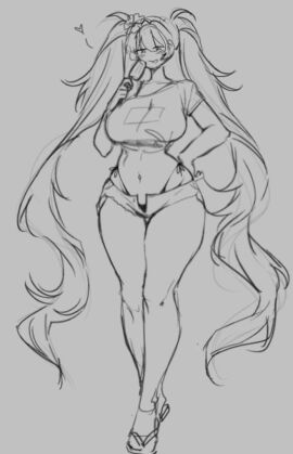 big_breasts brazilian_miku breasts female hatsune_miku heart jean_shorts large_breasts long_hair marblechii sandals simple_background sketch thick_thighs vocaloid wide_hips