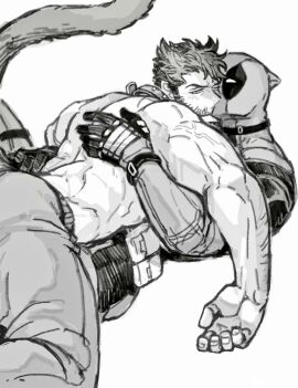 2boys animal_ears arm_hair back bara beard cat_boy cat_ears cat_tail closed_mouth collar deadpool deadpool_&_wolverine_(2024) dishing facial_hair gay gloves greyscale hand_on_another's_back kissing kissing_cheek male male_focus male_only marvel marvel_cinematic_universe marvel_comics mask mature_male monochrome multiple_boys multiple_males muscular muscular_male one_eye_closed pants short_hair superhero_costume tail topless_male two-tone_bodysuit veins veiny_arms wolverine_(x-men) x-men yaoi