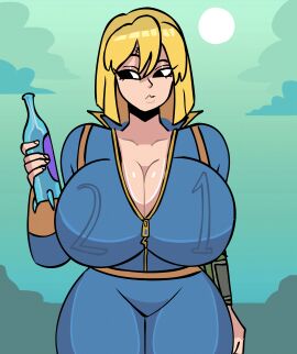 animated animation big_breasts blonde_hair breast_expansion breasts fallout fallout_new_vegas female funny huge_breasts massive_breasts meme mister_feelgood scar thick_thighs uncensored_version_available vault_girl vault_meat vault_suit