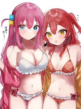 2girls absurd_res absurdres ahoge antenna_hair bare_arms bare_belly bare_chest bare_hands bare_hips bare_legs bare_midriff bare_navel bare_shoulders bare_skin bare_thighs belly belly_button bikini bikini_bottom bikini_only bikini_top blue-eyed_female blue_eyes blush blush_face blush_lines blushed_face blushing_at_viewer blushing_face blushing_female bocchi_the_rock! breasts brown_coat brown_jacket brown_topwear busty busty_female busty_teenager cleavage coat collarbone dot_nose embarrassed embarrassed_exposed_female embarrassed_expression embarrassed_female exposed_arms exposed_belly exposed_chest exposed_hips exposed_legs exposed_midriff exposed_navel exposed_shoulders exposed_skin exposed_thighs eyebrows_visible_through_hair female female_only flat_belly flat_breasts flat_chest flat_chested frilled_bikini frilled_bikini_bottom frilled_bikini_top frilled_swimsuit gotou_hitori groin hair_between_eyes hair_ornament hair_ornaments high_resolution high_school_student highres jacket kita_ikuyo large_breasts lean_figure legs light-skinned_female light_skin long_hair looking_at_viewer midriff multiple_females multiple_girls narrow_waist navel open_coat open_jacket open_mouth open_mouth_smile open_topwear pale-skinned_female pale_skin parted_lips petite petite_body petite_breasts petite_female petite_tits pink-haired_female pink_coat pink_eyebrows pink_hair pink_jacket pink_topwear ponytail red-haired_female red_bikini red_bikini_bottom red_bikini_top red_hair red_string_bikini red_swimsuit red_swimwear shoulders side-tie_bikini side_ponytail simple_background skinny skinny_female skinny_waist slender_body slender_waist slim_female slim_waist small_breasts smile smiling smiling_at_viewer smooth_chest smooth_skin standing string_bikini sunya_(honorin-yuunibo) swimsuit swimwear teenage_female teenager thick_thighs thigh_gap thighs thin_waist tongue topwear upper_body v-line white_background white_bikini white_bikini_bottom white_bikini_top white_string_bikini white_swimsuit white_swimwear yellow-eyed_female yellow_eyes