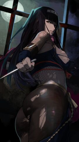 1girls alternate_costume ass big_breasts black_hair blunt_bangs bodystocking breasts brown_eyes clothing_cutout female fire_emblem fire_emblem_awakening fire_emblem_heroes fishnets forehead_protector from_behind indoors j@ck japanese_clothes knife kunoichi large_breasts looking_back moon night ninja nintendo official_alternate_costume pantyhose sideboob skindentation solo tharja_(fire_emblem) tharja_(ninja)_(fire_emblem) thick_thighs thighs torn_clothes torn_pantyhose two_side_up weapon