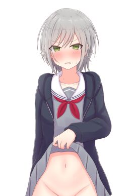 annoyed_expression blush breasts chiaki_himanagi female green_eyes grey_hair hinomori_shiho jacket lifting_skirt medium_breasts miyamasuzaka_girls'_academy_school_uniform project_sekai pussy school_uniform showing_pussy skirt skirt_lift skirt_lifted_by_self sweatdrop