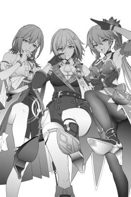 3girls asta_(honkai:_star_rail) bare_shoulders big_breasts boots bracelet breasts coin dominant_female dress feet female female_only femdom footwear from_below gloves guinaifen_(honkai:_star_rail) hair hair_between_eyes hair_ornament hairclip high_heels holding honkai:_star_rail id_card jewelry leg_up long_hair looking_at_viewer medium_breasts monochrome multiple_females multiple_girls one_leg_up pantyhose shirt shoes short_hair short_shorts shorts side_ponytail simple_background skirt smile smug standing standing_on_one_leg takai_isshiki thick_thighs thighs topaz_(honkai:_star_rail) white_background wide_hips