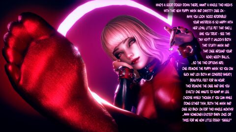 bodysuit bondage bondage_outfit caption catsuit chastity dominant_female domination dominatrix feet female female_domination female_only femdom femdom_caption foot_fetish foot_focus foot_lick foot_play foot_worship looking_at_viewer male mercierharrogate original original_character petplay pink_hair pov pov_eye_contact pov_feet socks soles soles_of_feet_in_socks submissive_male text worship